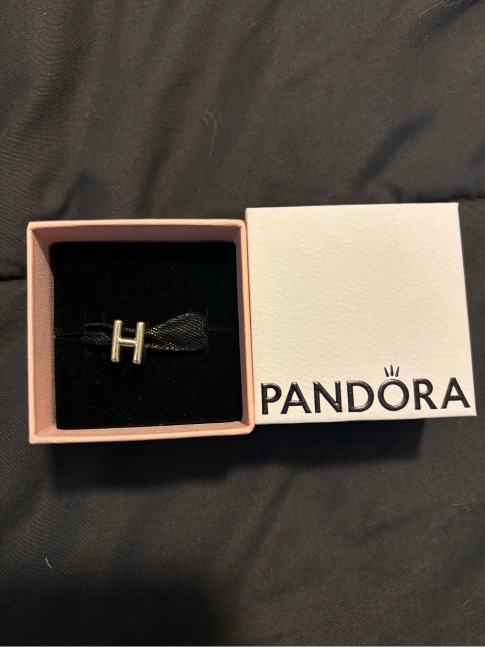 Pandora Silver H Initial Charm in Pink Box